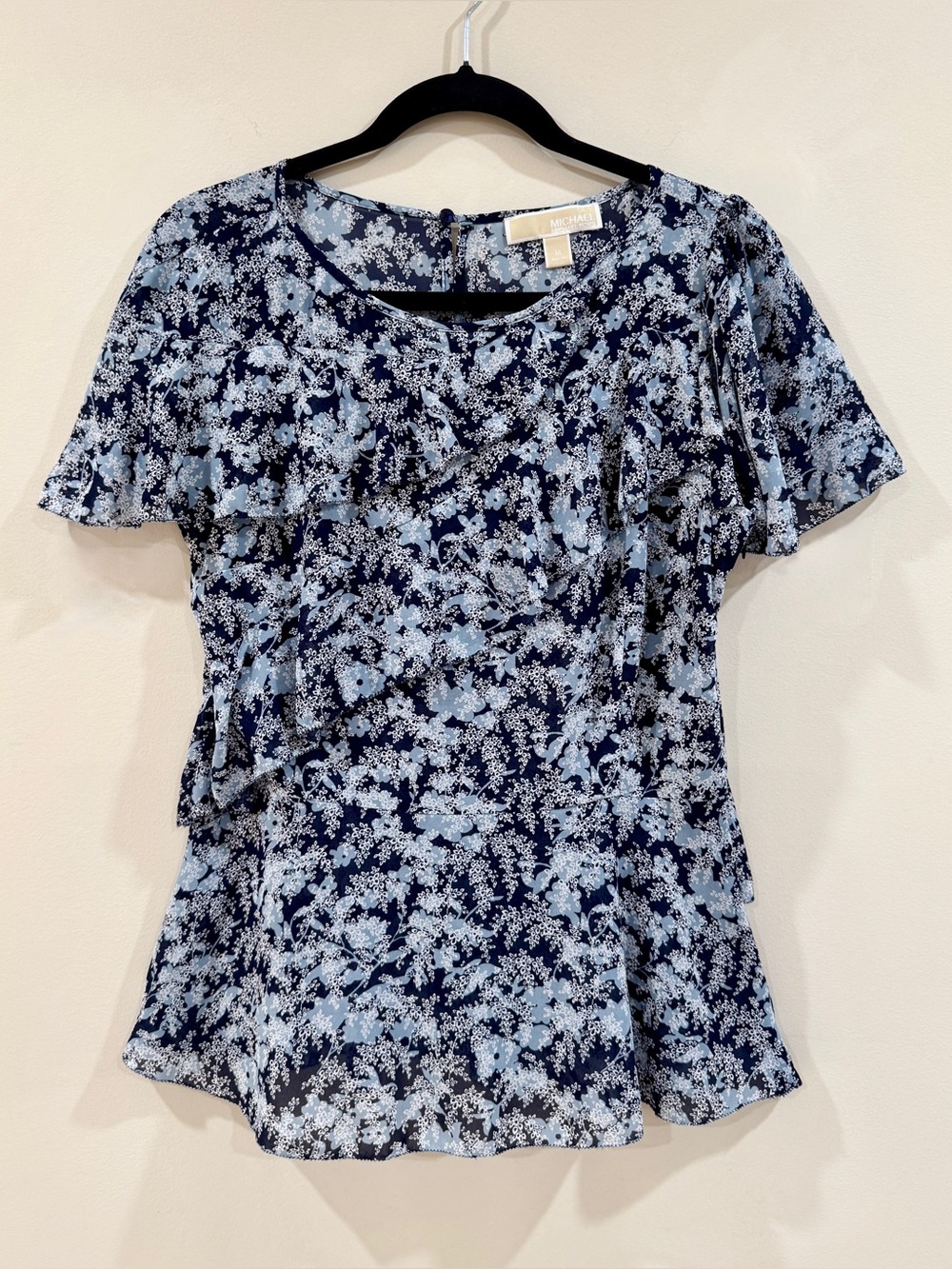 Michael Kors Floral Flutter Sleeve Peplum Blouse Blue Ruffle Side Zip Top M